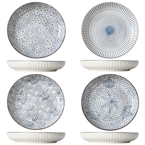 Image of TuYines Ceramic Deep Dinner Plates Set of 4 Patterned,8 Inch Ceramic Dessert Plates,Salad Plates Set,Dinnerware Set for Pasta Bowls,Ramen Microwave & Dishwasher Safe
