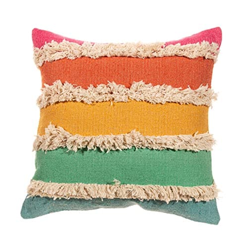 Image of Sass & Belle Rainbow Stripe Tufted Cushion Cover – Cotton Boho Cushion Cover, Decorative Throw Pillow with Fringed Texture, 40x40 cm Scatter Accent for Bed or Sofa