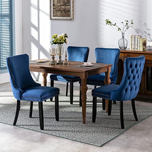 Image of HomeTouch Lux Velvet Upholstered Kitchen Dining Chairs Set of 4 Tufted High Back Bedroom Office Chairs with Oak Wood Legs, Hand Made (4, Blue)