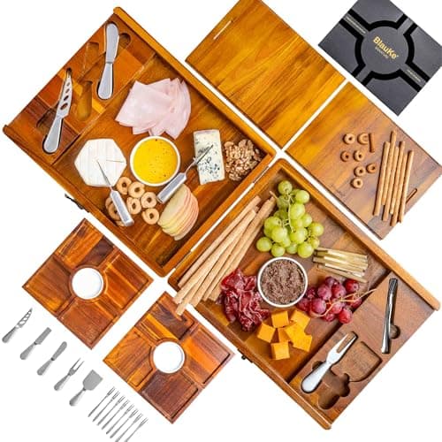 Image of Wooden Cheese Board and Knife Set for Big Parties - Large Wooden Serving Board/Tray of Acacia, an Upgrade from Bamboo Charcuterie Boards - Serving Platters with Cheese Knives - Any Occasion Gift Set