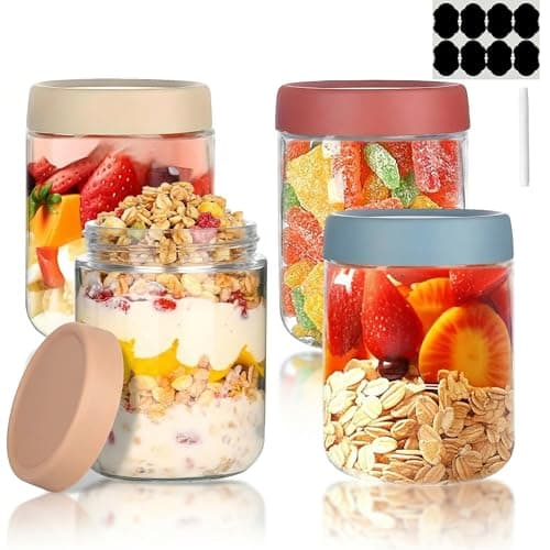 Image of Overnight Oats Jar, 4 Pcs Glass Container with Sealed Screw Lid, 16 Oz Wide-Mouthed Sealed Food Storage Container, Mason Salad Jar is Used to Store Grains, Yogurt, Fruits, Candies, and Jams.