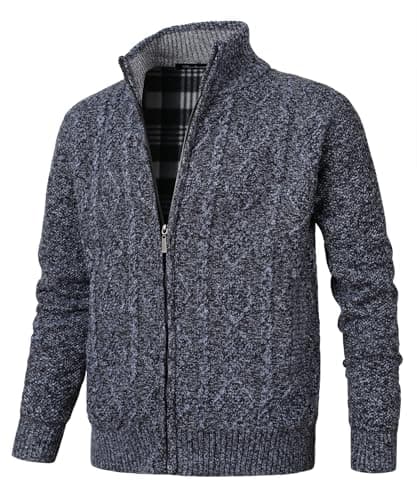 Image of Herothorn Men's Cable Knitted Cardigan Fleece Lined Jumper Stand Collar Sweater Winter Full Zip Knitwear with Pockets Dunkelgrau