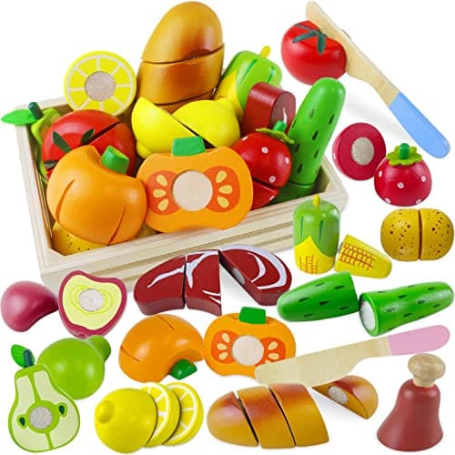 Image of Beberolen Wooden Food Toys, Play Food Sets for Children Kitchen, Toy Kitchen Accessories for Kids, Wooden Cutting Fruit and Vegetables Toys, Pretend Role-Play Toy for Boys and Girls 3 4 5 Year Olds