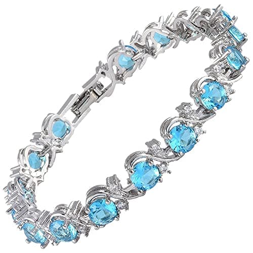 Image of [RIZILIA BLOSSOM] Round Simulated Blue Topaz and White Cubic Zirconia 18K White Gold Plated Tennis Bracelet, 7", Metal, simulated-blue-topaz