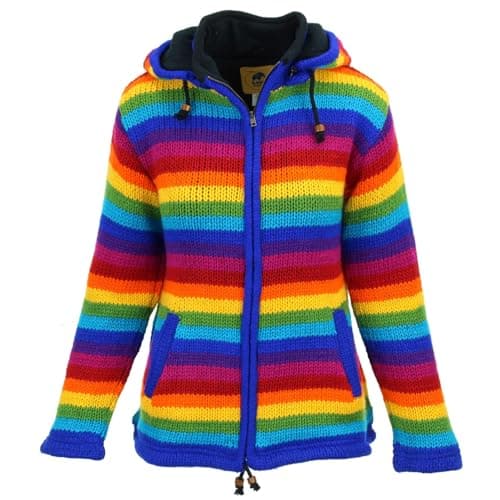 Image of LOUDelephant Hand Knitted Wool Hooded Jacket Cardigan Ladies Cut - Stripe Bright Rainbow (X-Large)