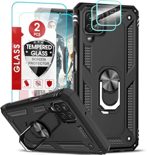Image of LeYi for Samsung Galaxy A12/M12 Case and 2 Tempered Glass Screen Protector and 2 Lens Camera Protector,Ring Holder Military Protective Shockproof Tough Armor Hard Phone Cover for Samsung A12 Black
