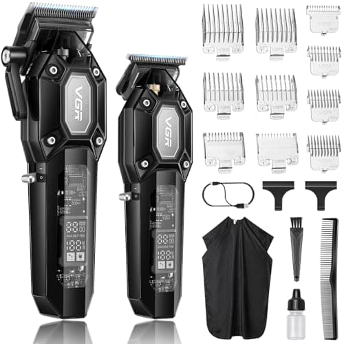Image of VGR Professional Hair Clippers for Men, Cordless Barber Clipper and Trimmer Set, Mens Hair Cutting Kit with 10 Guide Combs, USB Rechargeable Haircut Machine for Family, LED Display, Black