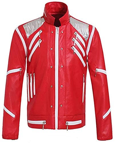Image of Xiami Leyuan RED Costume Biker Leather Jacket Cosplay for Michael Jackson Leather Jacket Beat it Jacket (Small, Red)