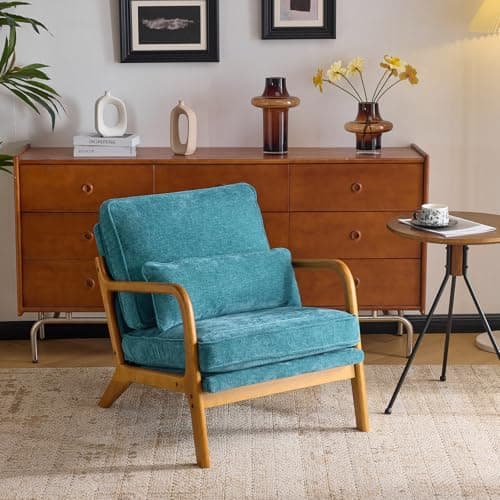 Image of Bonnlo Accent Chair, Soild Wood Padding Lounge Armchairs, Occasional Reading Chair with Cushions and Lumbar Pillow, Armchairs for Living Room, Bedroom, Guest Room, Chenille, Elegant Blue