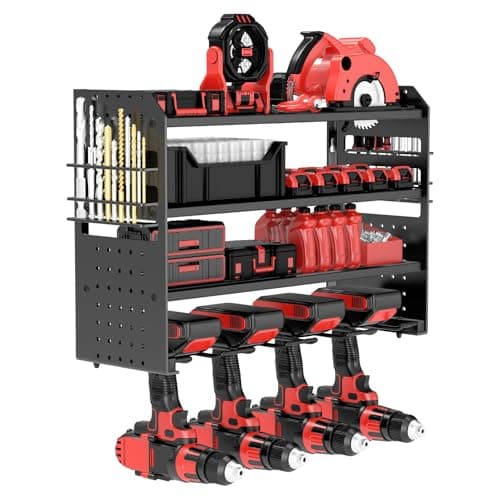 Image of VeyFolzin.st Power Tool Organizer Wall Mount, Metal Power Tool Storage Rack with Screwdriver Holder, Garage Tool Storage Shelves with Screwdriver Plier Holder (Black, 4 Drill)