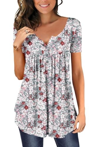 Image of Magritta Women Plus Size Shirts Short Sleeve Blouses V Neck Summer Floral Printed Tunic Tops for Leggings Ruffle Swing Tops Grey Pink 3X-Large, 26-28