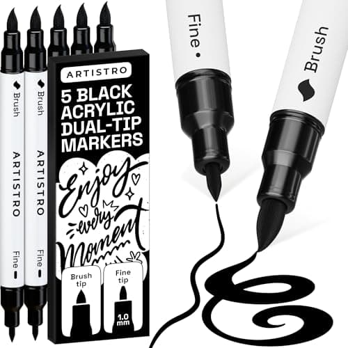 Image of ARTISTRO 5 Black Acrylic Paint Pens – Dual Tip (Brush & Fine) Markers for Fabric, Canvas, Rock, Glass, Wood – Calligraphy, Scrapbook Supplies DIY & Gift for Kids, Teens - Art Set