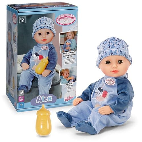 Image of Baby Annabell Alex soft 36cm baby doll with Sleeping Eyes - Incl. bottle, hat & romper - First doll suitable for Children Aged 1+