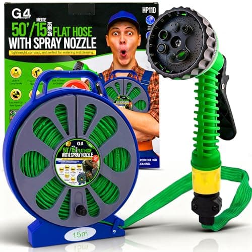 Image of G4GADGET 50ft / 15m Flat Garden Hose Reel with 7 Function Spray Nozzle – Compact Easy Wind Flat Hose Pipe with Stand & Handle, Space Saving Water Hose for Garden Watering, Patio Cleaning & Car Wash