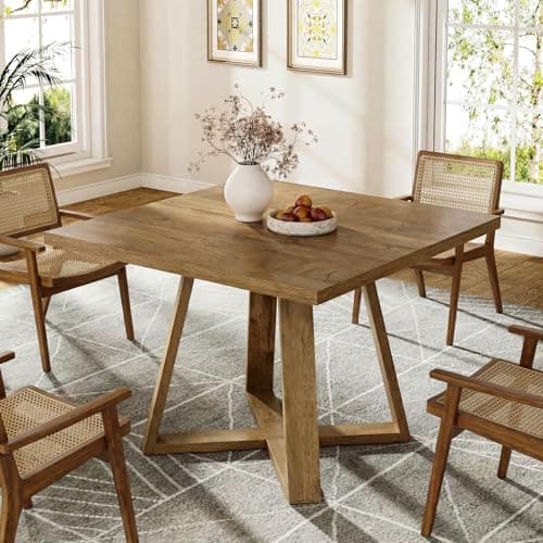 Image of Tribesigns Square Dinning Table for 2-4 People, 80 cm Farmhouse Kitchen Table with Wooden Pedestal for Kitchen, Dinning Room, Living Room, Any Small Space, Rustic Brown