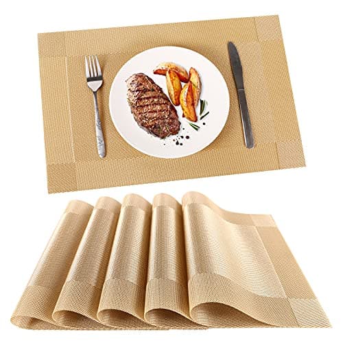 Image of Miorkly Placemats - Set of 6 Christmas Table Mats, Heat Resistant/Washable/Non Slip PVC, 45CM x 30CM (Gold)