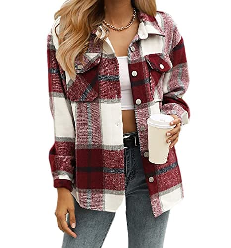 Image of Timuspo Women's Flannel Plaid Shacket, Long Sleeve Cotton Checked Shirt, Button Down Casual Check Jacket Chequered Blouse Tops Burgundy
