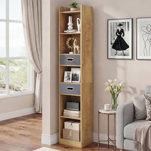 Image of YITAHOME Tall Narrow Bookcase, Thin Corner 5-Tier Bookcase with 2 Fabric Drawers, Freestanding Display Shelf for Living Room, Bedroom, Office, Oak Color, 30W × 24D × 180H CM