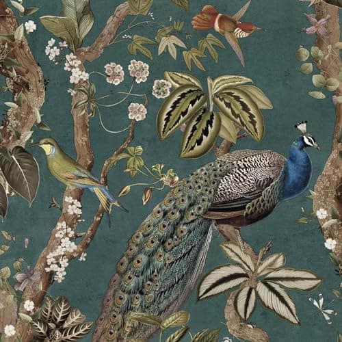 Image of Holden Decor Peacock Woods Animal Print Flowers Colourful Oriental Themed Wallpaper Aqua Blue 13682