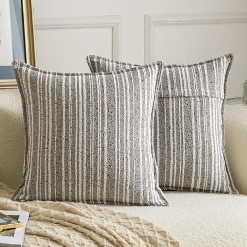 Image of Madizz Decorative Boucle Taupe Cushion Covers 40x40 cm Pack of 2 Throw Pillows for Couch Sofa Boho Accent Striped Pillow Cases for Bed Cushion for Bedroom Living Room Modern Home Decor