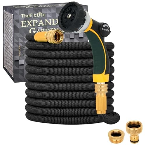 Image of TheFitLife Expandable Garden Hose Pipe - Triple Core Latex and Solid Metal Fittings 8 Pattern Spray Nozzle EU Standard Expanding Kink Free Easy Storage Flexible Water Hose (100 FT, Black)