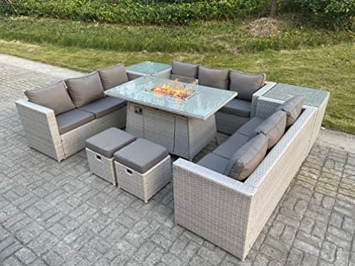 Image of FMSGarden Light Grey U Shape Lounge Sofa Dining Set With Gas Fire Pit Heater Burner With 2 PC Side Coffee Tea Table Stools 2 Small Footstools