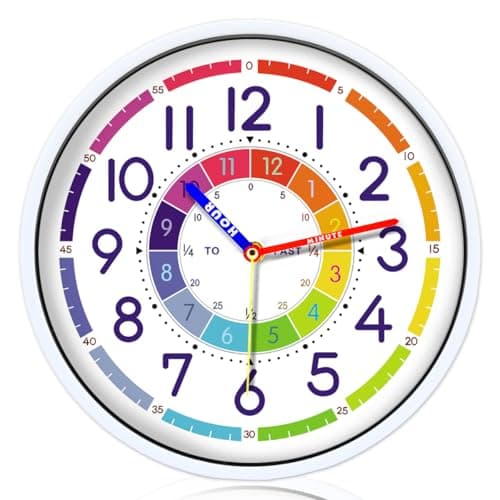 Image of AMOTOFO Time Teaching Clock 12 Inch Silent Wall Clock for Kids Learning Time, Silent Non-Ticking Quartz Decorative Wall Clock for Teacher's Classrooms or Children's Bedrooms