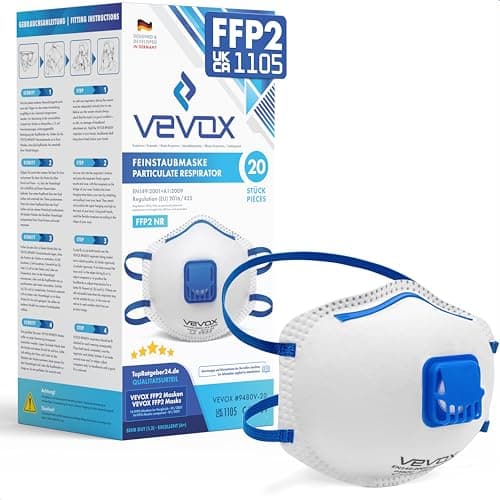 Image of VEVOX® FFP2 Dust Mask - Set of 20 - Valved Face Masks - Respirator - Protection e.g. for Construction, Building Work, Sanding, Woodworking, Fine Dusts, Aersoles or Particles