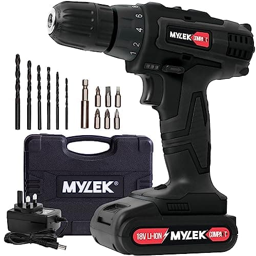 Image of MYLEK MYCCB1 18V Cordless Drill Driver Lithium Ion Powerful Battery Electric Screwdriver Set, 18 Volts, 13pce Accessories Kit, Black (18V 2 Speed)