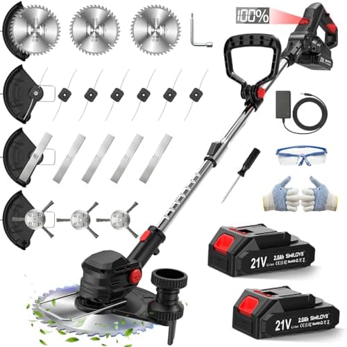 Image of SMILOVII Cordless Strimmer with 2x2.0Ah Batteries, 750W Grass Trimmer and Cordless Brush Cutter with Wheels, 24000RPM Electric Weed Trimmer with Metal Blades, Lightweight Strimmer ((Premium Kit(LCD))