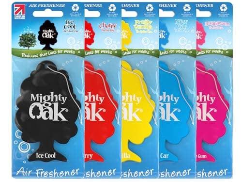 Image of Mighty Oak Air Freshener – Mixed Fragrance 5 Pack (New Car, Ice Cool, Vanilla, Cherry & Bubblegum) – Long Lasting Hanging Car Deodoriser – Odour Eliminator – UK Made Auto Accessories – Car Scent Fresh