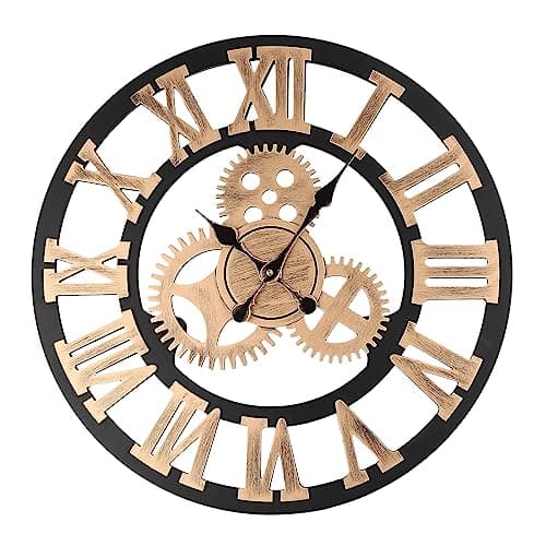 Image of Youyijia Wall Clock Big Roman Numerals Hanging Clock 60cm/24 Inch Giant Open Face Indoor Wall Clock Wood 3D Gear Clock Vintage Industrial Wall Clock for Home Office Gold