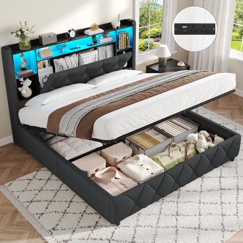 Image of Brinlawb King Size Ottoman Bed Frame with Charging Station & LED Lights King Size Bed Frame with Hydraulic Lift Mechanism, Upholstered Storage Headboard, Lift-Up Underbed Storage, Easy Operation, Grey