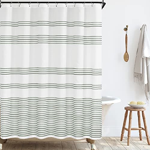 Image of TOPICK White Shower Curtain with Green Stripes Fabric Shower Curtain for Bathroom Modern Striped Waterproof in Bath 70x72 Inches Long Shower Curtains with Curtain Hooks