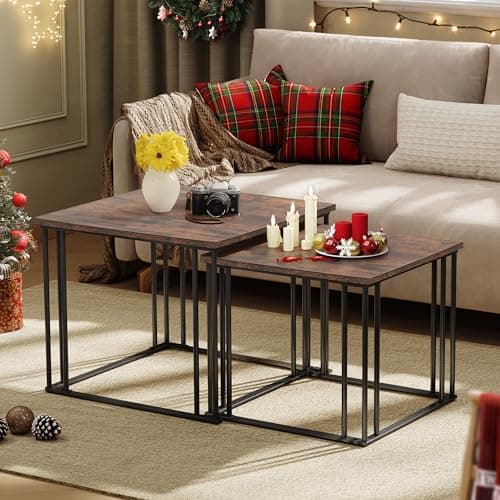 Image of YITAHOME Coffee Table Set of 2, Wooden Living Room Nesting Tables, Modern Farmhouse Cocktail Side Table with Metal Frame for Living Room, Dining Room, Kitchen, Rustic Brown