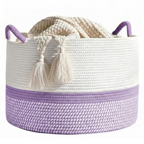 Image of Large Storage Basket - 50 x 35 CM Cotton Rope Laundry Basket Toy Basket with Handle, Toy Storage Basket for Kids, Baby Woven Laundry Hamper, Blanket Basket for Living Room Nursery, White+Purple