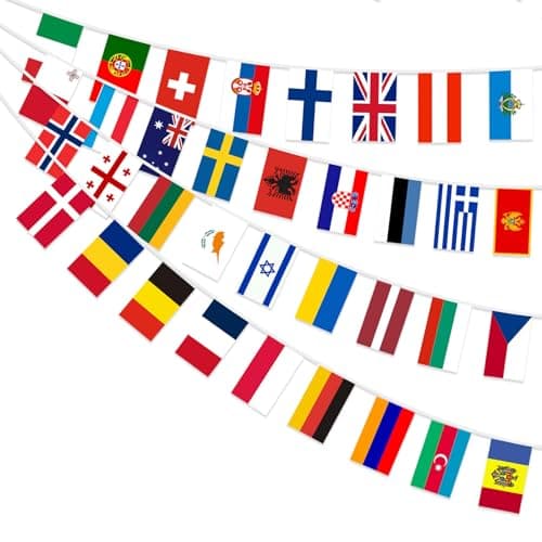 Image of AhfuLife Eurovision Flag Bunting Party Decorations, 35 National Double Sides Fabric European Flag Bunting for Eurovision 2026 Song Contest Party Bar Club Garden and Street Decorations (1 Pcs)