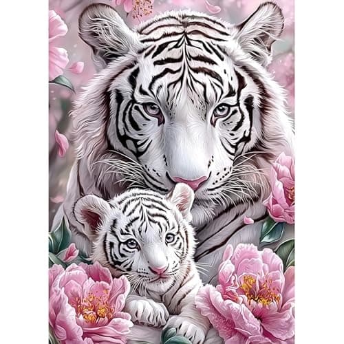 Image of MAXBYE Diamond Painting Kits for Adults, 5D White Tiger Diamond Art Kits DIY Full Drill Animal Gem Art for Beginner, Pink Flowers Crystal Cross Stitch for Home Wall Decor Gifts 30x40cm