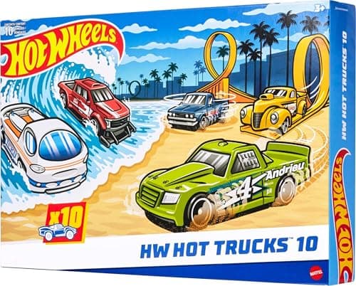 Image of Hot Wheels Toy Trucks 10-Pack (Assorted Styles, One Random Set), Set of 10 Die-Cast 1:64 Scale Utility, Racing & Other Pickups or Vans, Modern & Retro Models, HYM97