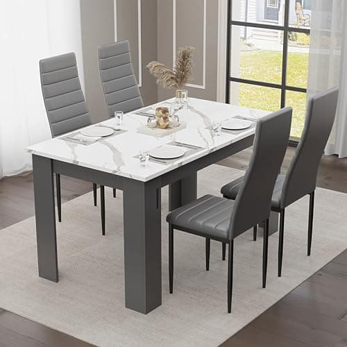 Image of Blisswood Dining Table and 4 Chair Set, PU Leather Chairs, 17mm Thick Table Tabletop 120x80cm, kitchen table, Modern Design Wooden dining Table Set for Home furniture (Marble White, Grey Chair)