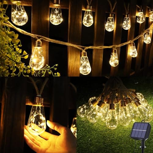 Image of Geemoo Solar Outdoor Hemp Rope String Lights - 2Pack 8M 160 LED Waterproof Festoon with 16 Shatterproof Bulbs for Garden,Patio,Party,Yard,Xmas Decoration (Warm White)