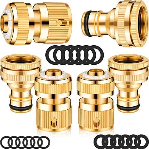 Image of Outus 6 Pieces Brass Hose Tap Connectors 1/2 Inch and 3/4 Inch 2-in-1 Faucet Adapter Garden Quick Connector with 18 Pieces Sealing Ring Shower Hose Washer for Garden Pipe Tub
