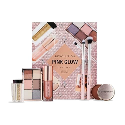 Image of Revolution Beauty Pink Glow Get The Look Makeup Gift Set, 6-Piece Gift Set with Eye Brushes, Balm, Eyeshadow, Lip Shimmer, & Body Glitter, Cruelty-Free