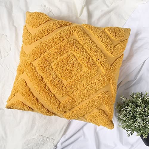 Image of Mustard Cushion Covers Boho Yellow Ochre Diamond Geo 45x45Cm 18x18IN Geometric Textured Tufted Throw Pillow Cover Sofa Chair Cute Embroidered Decorative Set of 2