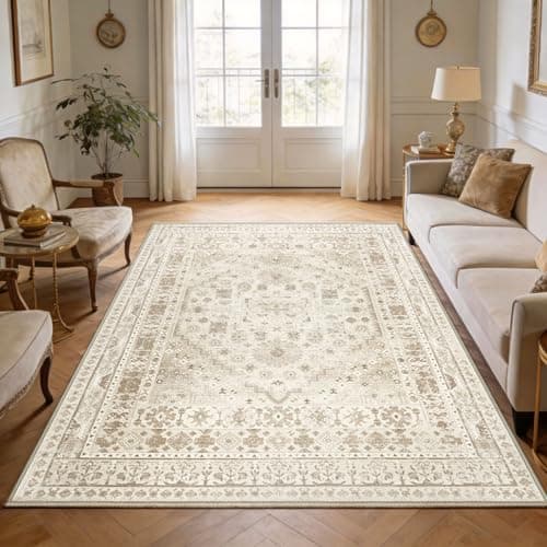 Image of Capslpad Washable Rugs Living Room 160x230cm Distressed Vintage Area Rugs Non-Slip Traditional Oriental Bedroom Carpet Low Pile Thin Floor Mat Rug for Dining Room Kitchen Office Decor, Beige