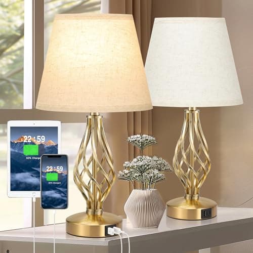 Image of Aooshine Table Lamps for Living Room, Gold Bedside Lamps Set of 2 with USB A+C Charging Port, Table Lamps for Bedroom with 3 Way Dimmable, Touch Lamps with Beige Shade (LED Bulb Included)