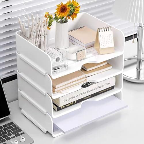 Image of Desk Organiser and Storage, 4-Tier Paper Letter Tray Organiser, Stackable White Desktop Organiser, Storage Compartments, Stackable Order for Documents, Paper, Book Magazine Storage, Office Supplies