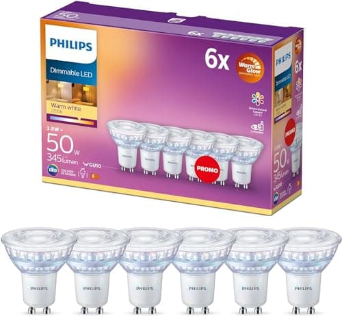 Image of Philips WarmGlow 6 Pack Dimmable [GU10 Spot] LED Light Bulbs, 3.8 W - 50W Equivalent, 2700-2200K. for Relaxed Home Lighting, Standard Warm White