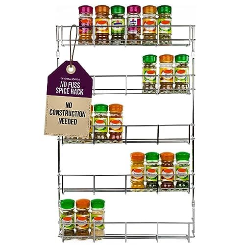 Image of andrew james 1/2/3/4/5 Spice Rack Organiser – No Assembly Needed | Chrome Hanging Spice Shelf for Inside Cupboard Door or Wall Mounted | Kitchen Organiser & Storage Rack with Fixings - Holds 40 Jars