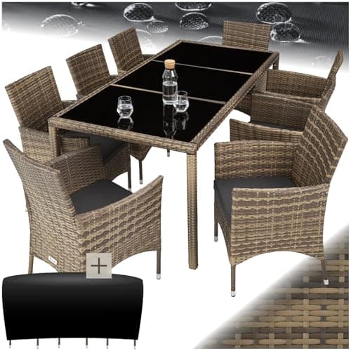 Image of tectake Garden Furniture Set, Outdoor and Indoor Dining Table set with 8 Chairs, 1 Rectangular Dining Table, Polyrattan Patio Seating with Removable Cushions and Weather Cover - nature